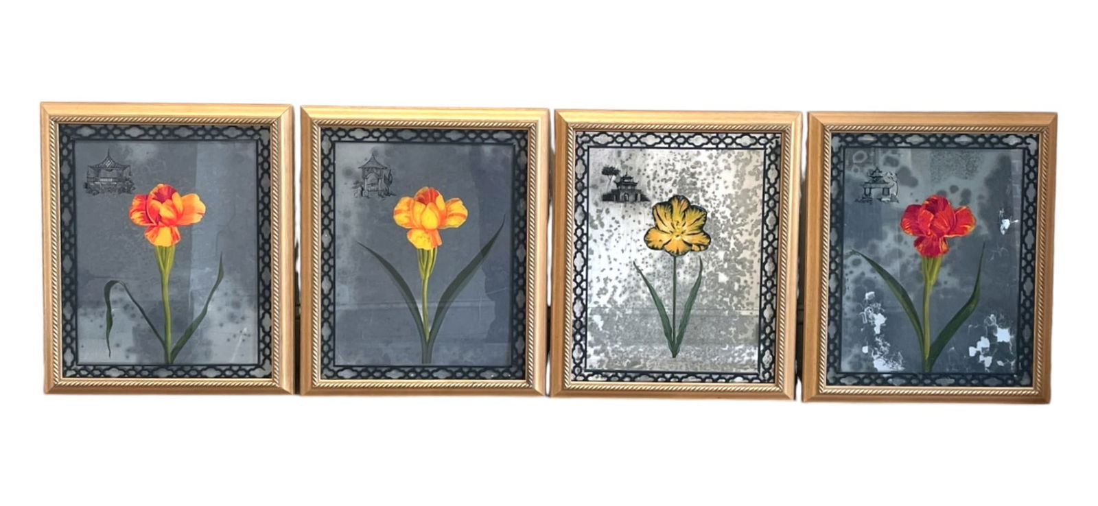SET OF 4 TULIPS REVERSE PAINTED ON GLASS FRAMED (1 of 7)