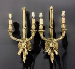 ANTIQUE PAIR BRASS ELECTRIFIED SCONCES