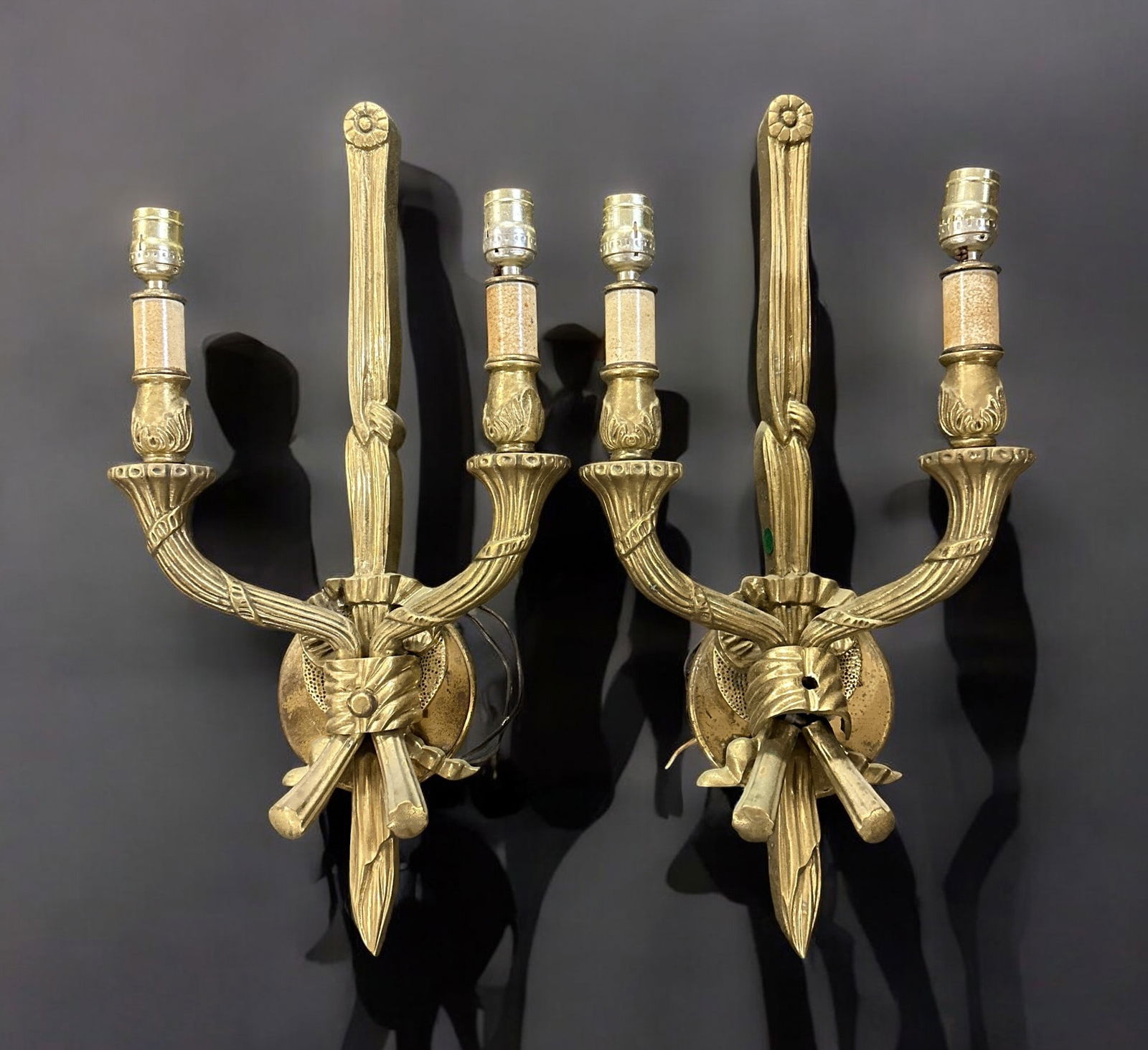 ANTIQUE PAIR BRASS ELECTRIFIED SCONCES (1 of 5)