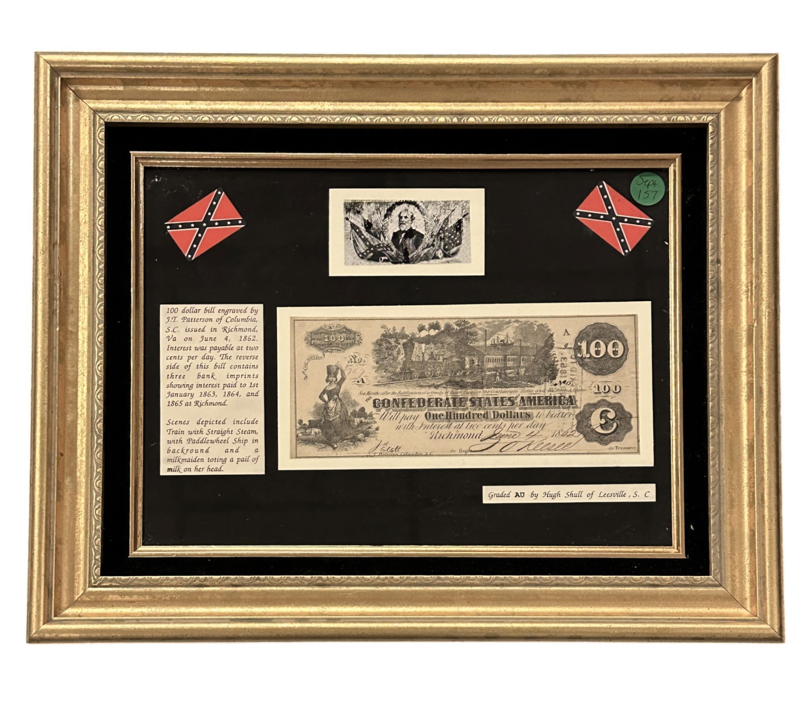 CONFEDERATE 100 DOLLAR NOTE 1862 FRAMED (1 of 2)