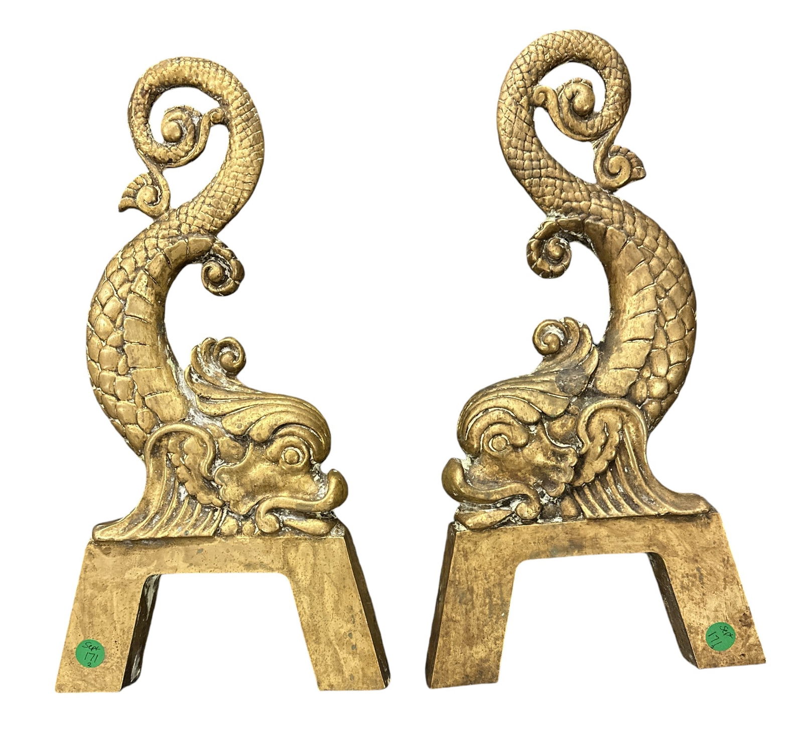 PAIR B & H DOLPHIN FORM BRASS ANDIRON S (1 of 4)