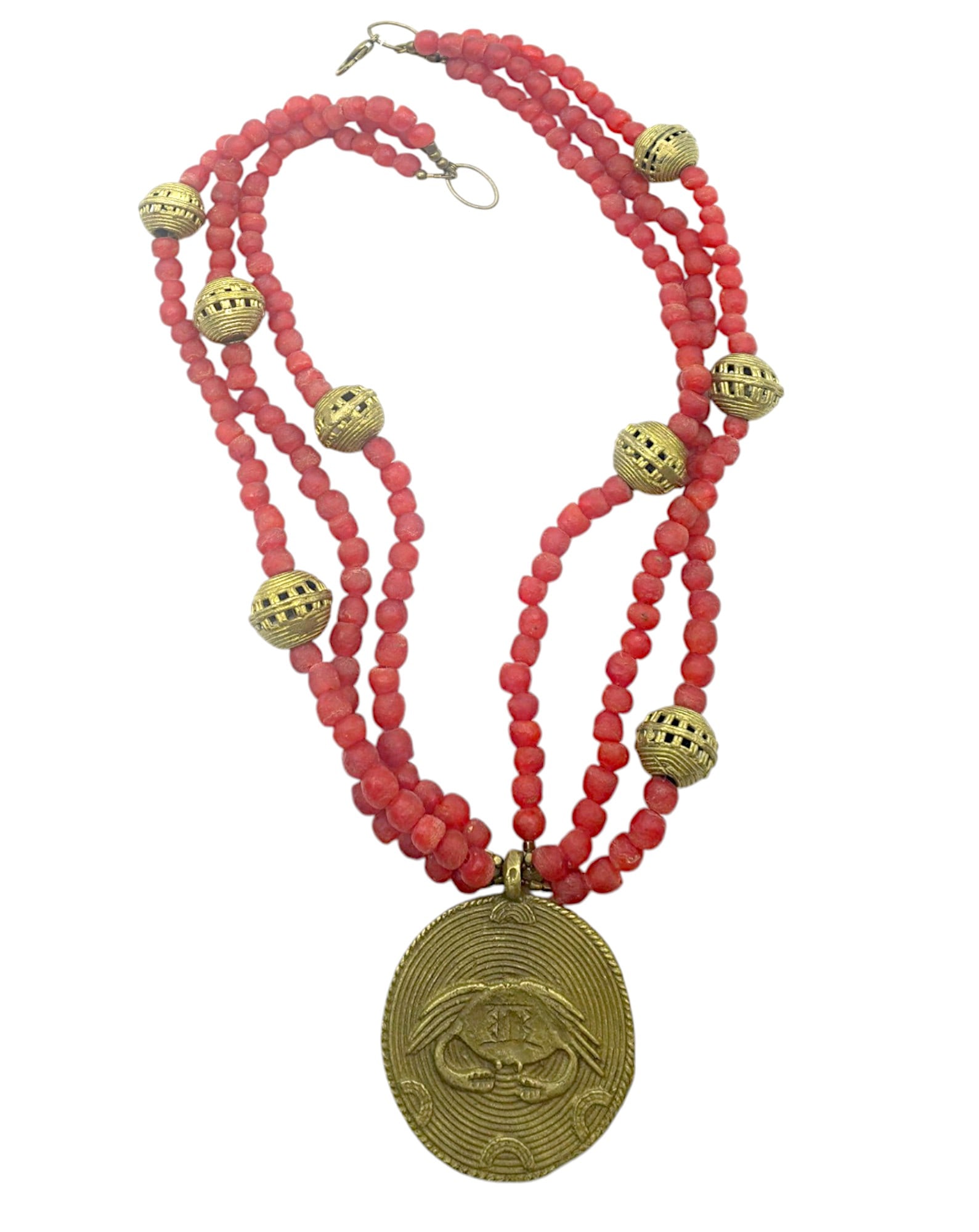 RED AFRICAN GHANAIAN GLASS BEAD AND BRONZE NECKLACE (1 of 4)