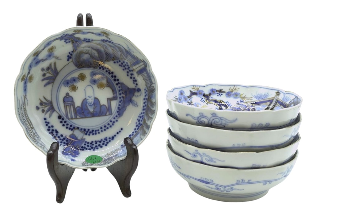 5 pc RARE JAPANESE MEIJI ARITA BOWLS FUKUROKUJU: 5 Antique Rare Japanese Meiji Era Arita Porcelain Hand Painted Bowls with gilt accents, featuring Fukurokuju, one of the 7 lucky Gods. Fukuroku is the God of Wisdom, Longevity and Happiness. Late 19th