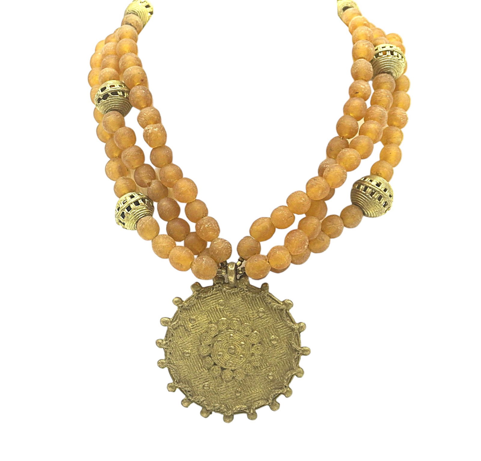 ORANGE/AMBER COLORED AFRICAN GHANAIAN GLASS BEAD AND BRONZE NECKLACE (1 of 4)