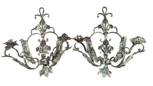 FRENCH PATINA FLEUR DE LIS WALL CANDLE SCONCES