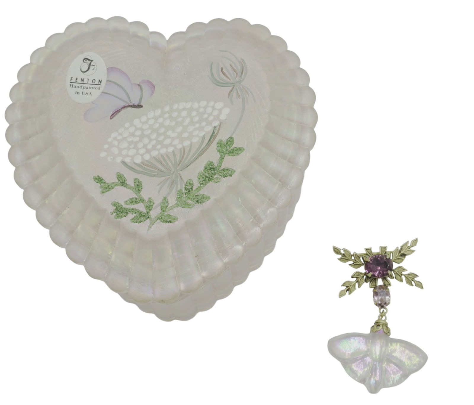 FENTON CHAMPAGNE ART GLASS BROOCH AND TRINKET DISH (1 of 5)