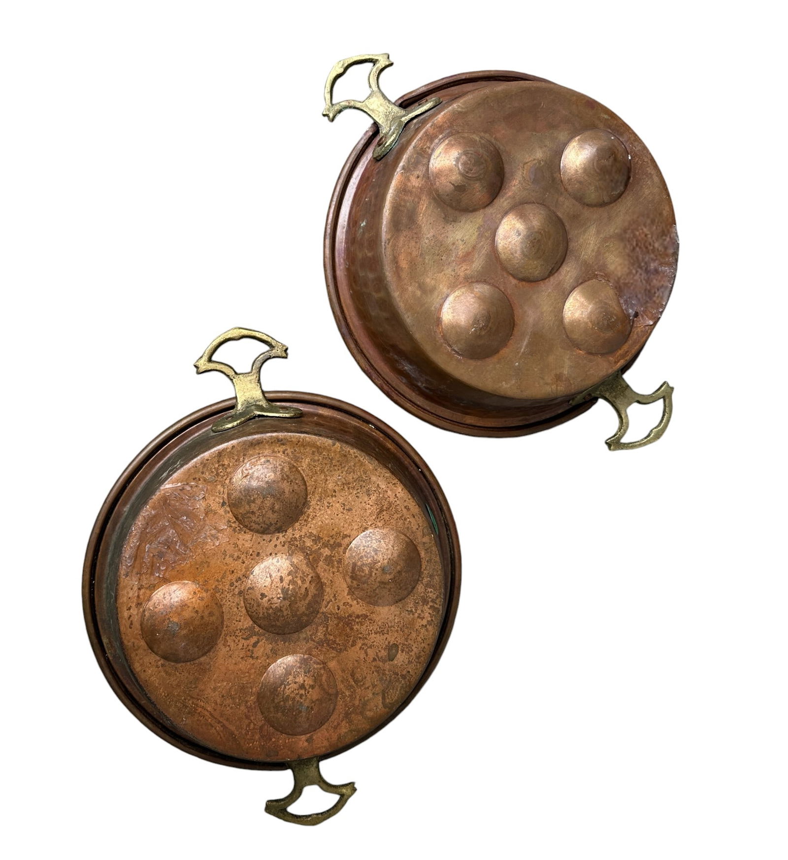 ANTIQUE COPPER ESCARGOT/ EGG POACHING PAN- A PAIR (1 of 3)