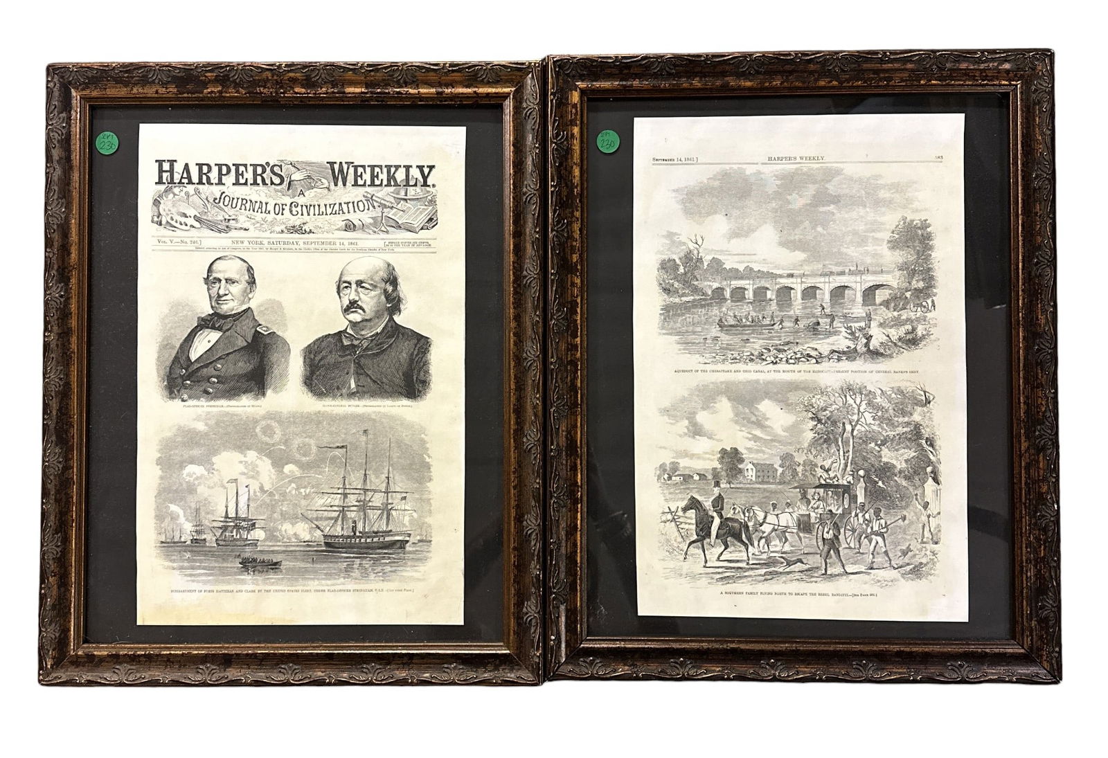 PAIR FRAMED HARPER'S WEEKLY JOURNAL OF CIVILIZATION, SEPTEMBER 1861 (1 of 4)