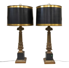 PAIR NEOCLASSICAL BLACK AND GOLD LAMPS