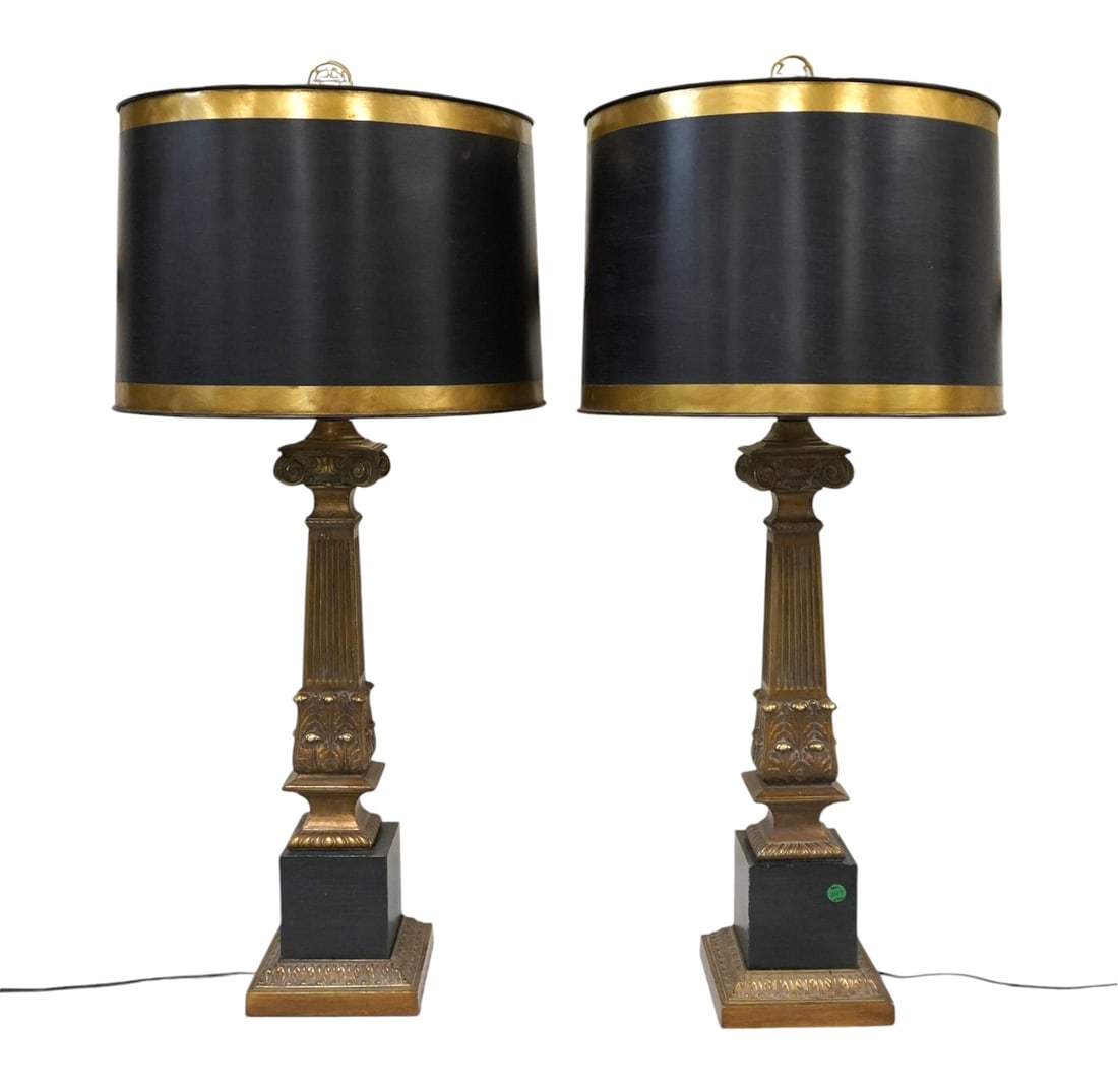 PAIR NEOCLASSICAL BLACK AND GOLD LAMPS: Pair of Neoclassical Black and Gold Lamps. Each measures 39.5" x 7" x 7", shade is 17" dia.