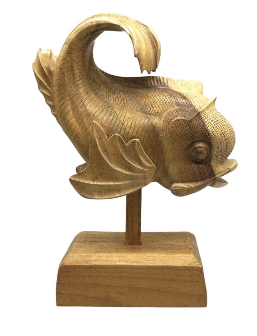 LARGE CARVED SOLID WOOD FISH ON STAND (1 of 7)