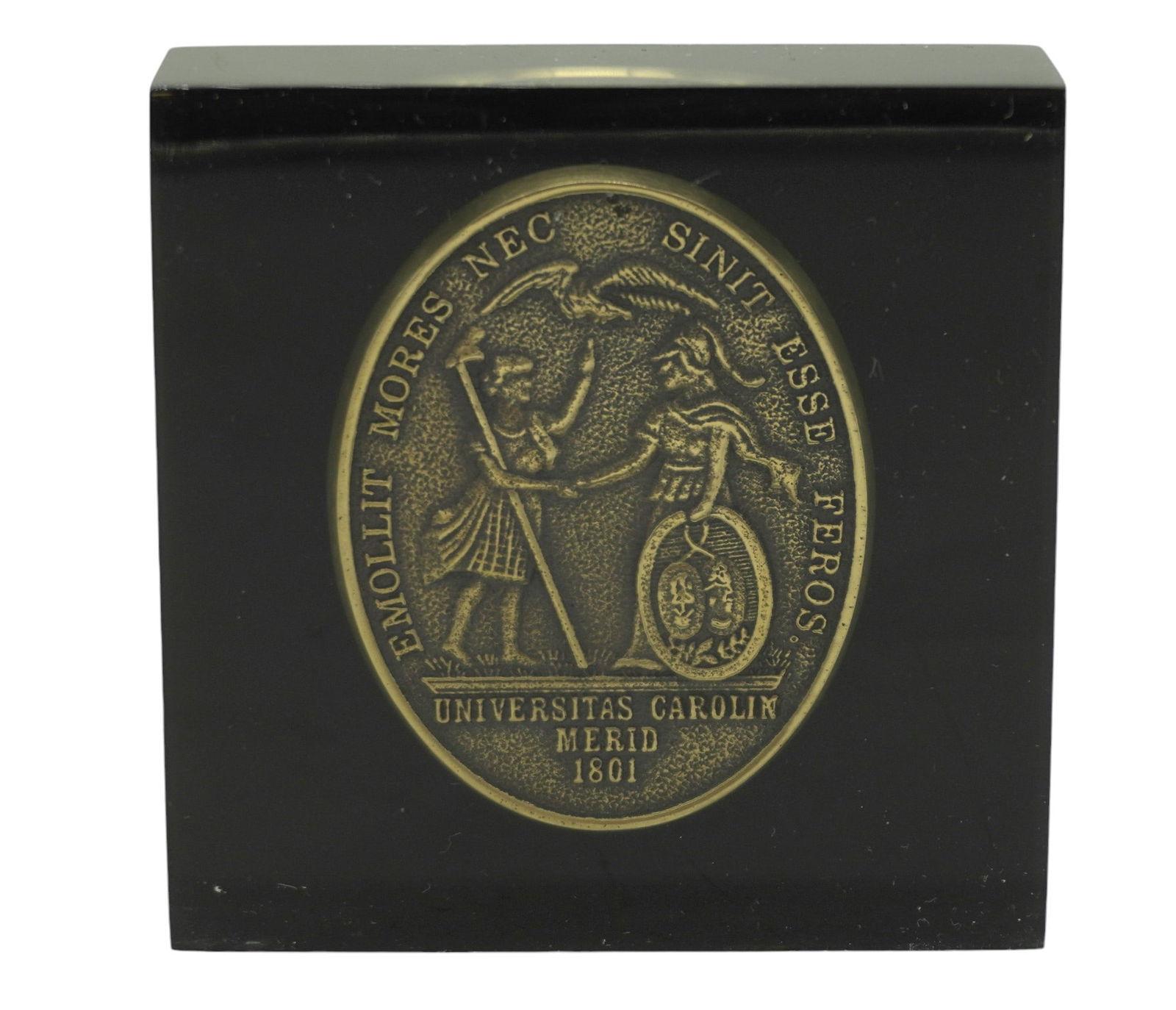 BRONZE UNIVERSITY OF SOUTH CAROLINA PAPER WEIGHT: Bronze University of South Carolina Medallion encased in Lucite Paperweight. Measures 3.25"x3.25"x1". Weight 11 oz.