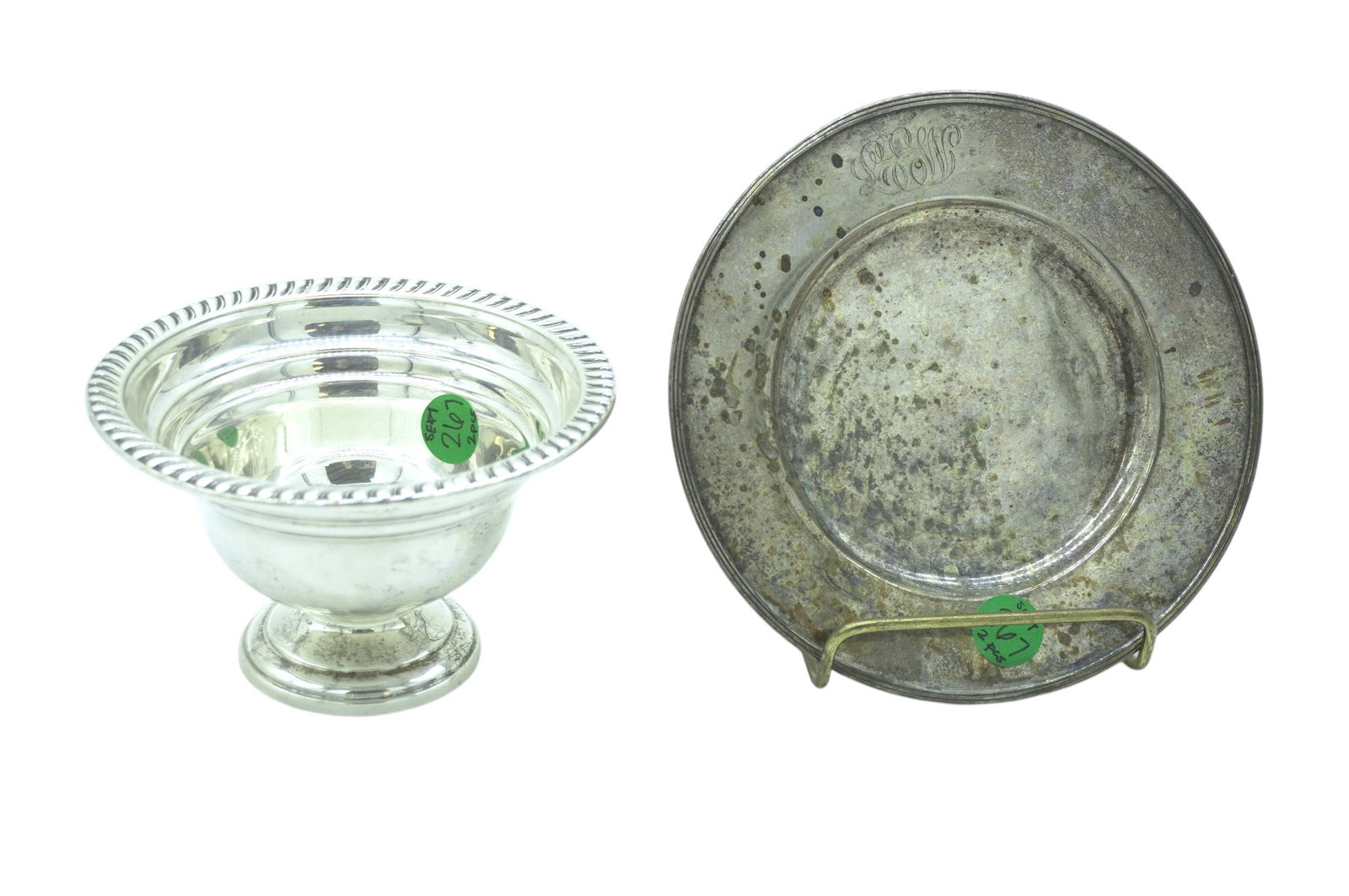 2 PIECES VINTAGE/ANTIQUE STERLING: This lot includes 1) Footed Bowl, measures 3.25" x 5" 2) Small Dish with Initials, measures 6.25" in dia. Approx Silver Weight is 164 Grams.