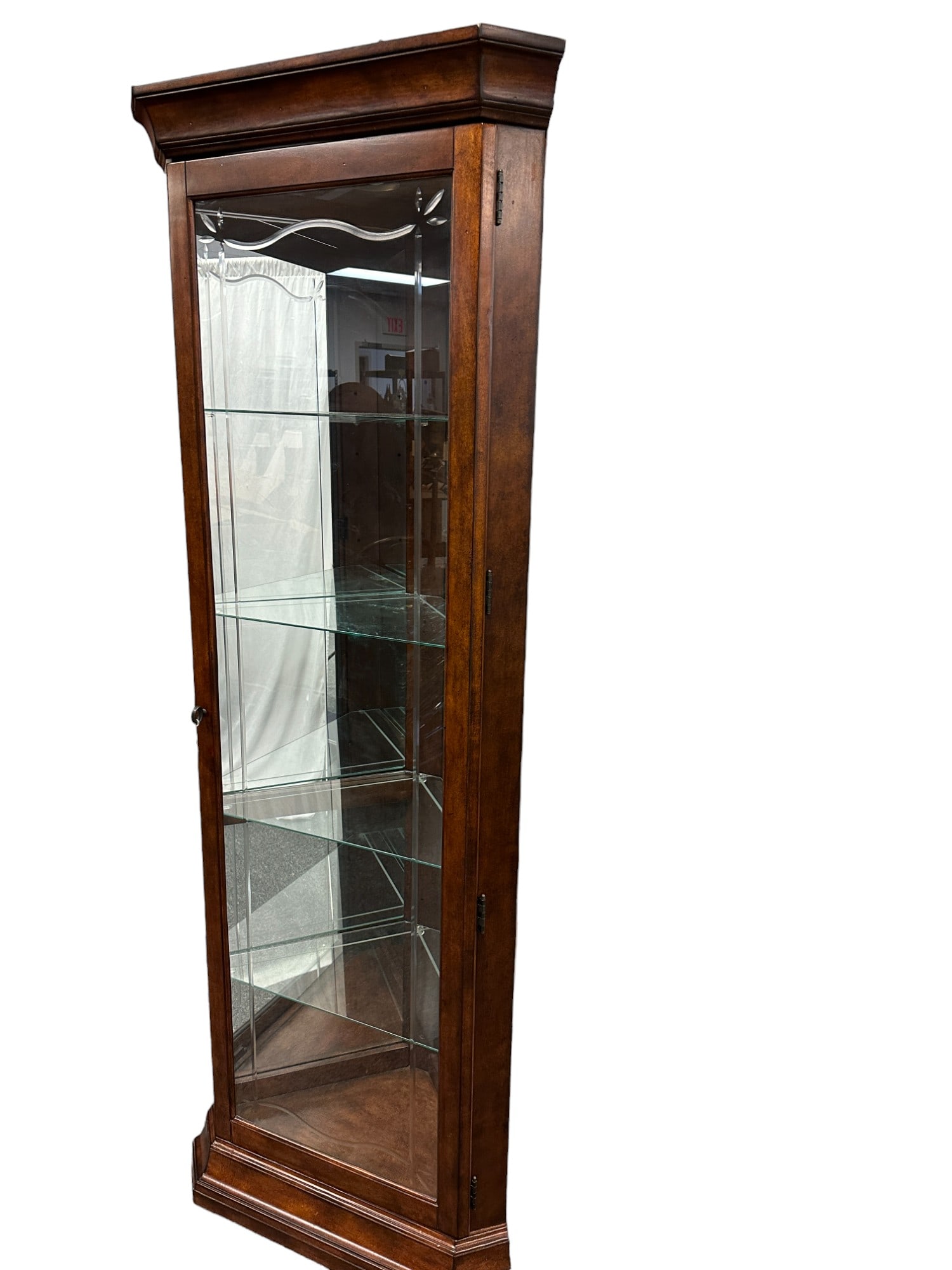 CHERRY LIGHTED CURIO CORNER CABINET (1 of 4)