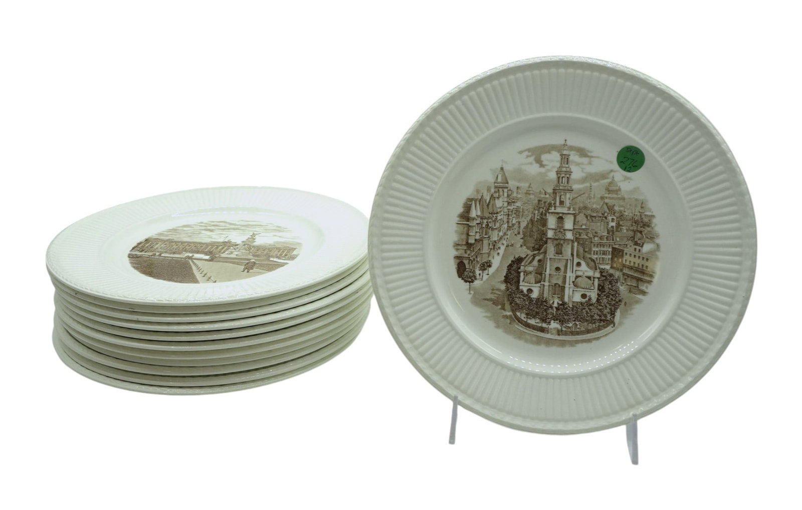 12 WEDGWOOD VIEWS OF OLD LONDON DINNER PLATES: 12 Wedgwood Brown Transferware Views of Old London Dinner Plates. Provenance: The Perrin family, of French Huguenot origin, of Abbeville, Perrin Plantation and Cotton Level Plantation. Each measures 1