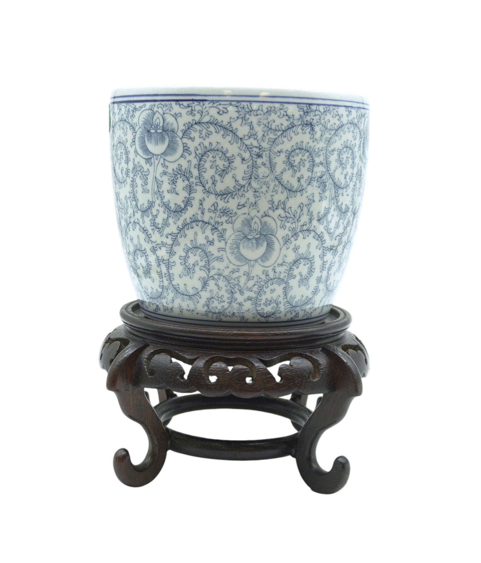 CHINESE BLUE & WHITE PLANTER W ROSEWOOD STAND (1 of 3)