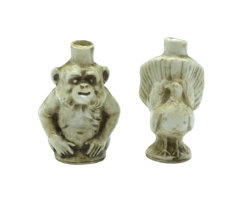 2 ANTIQUE PORCELAIN MONKEY & TURKEY SNUFF BOTTLES