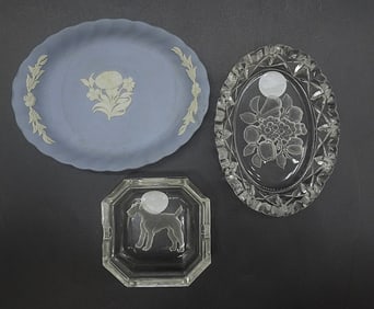 3 TRINKET DISHES WEDGWOOD & INTAGLIO GLASS