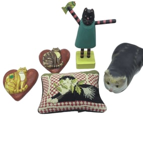 VINTAGE CAT FOLK ART & KATHA DIDDEL NEEDLEPOINT PILLOW - 5PC