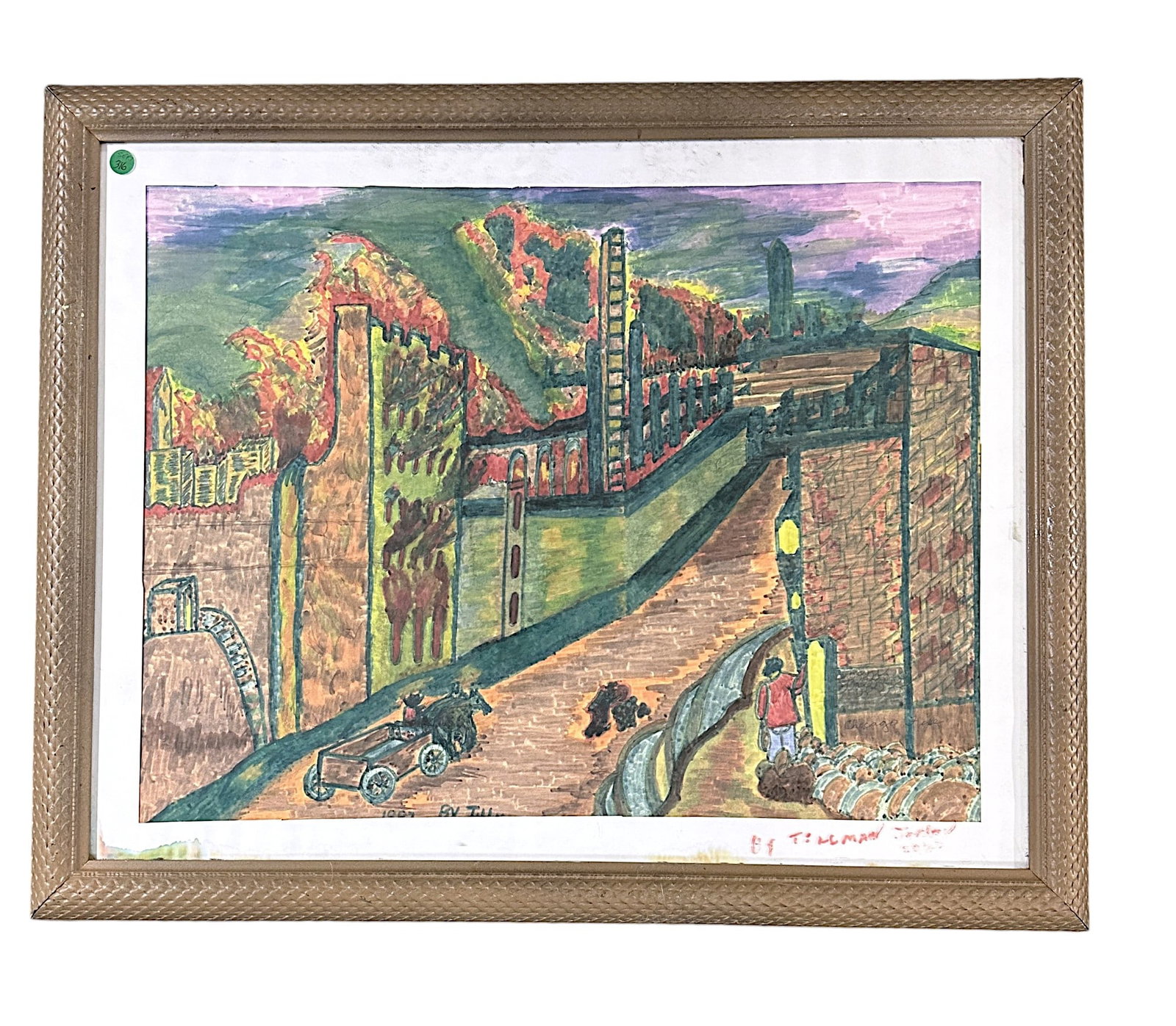 VINTAGE AMERICAN FOLK ART TILLMAN JORDAN WATERCOLOR: Vintage American Folk Art Chicago Fire Watercolor. Framed under glass. Backs read Tillman Jordan. In Frame measures 24.5"x31"x1.5". Weight 12 lbs