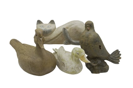 4 HAND CARVED DUCKS - CAT - BIRD