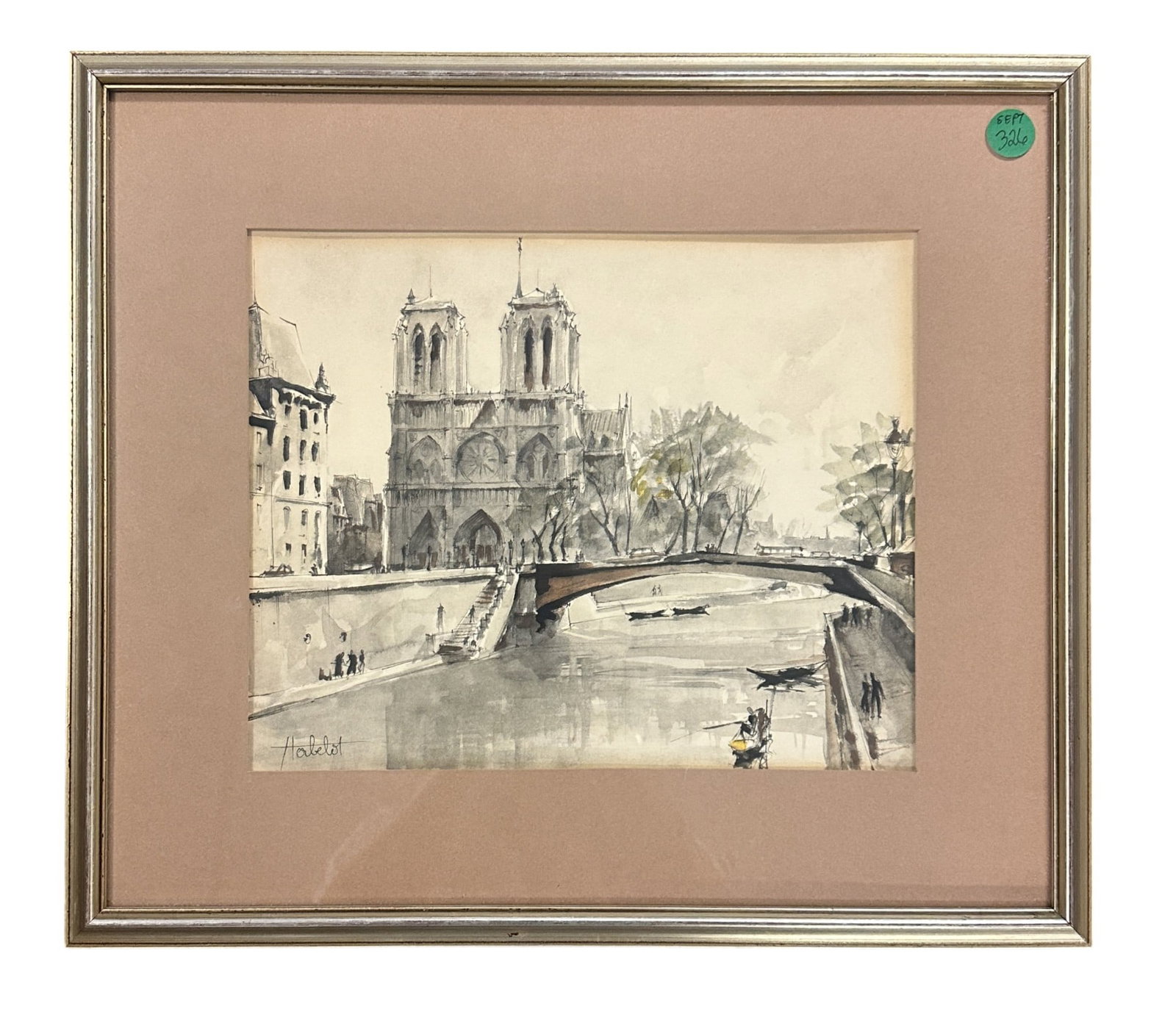 MCM HERBELOT FRENCH NOTRE DAME PRINT: A street painter famous for Parisian scenes. Herbelot is possibly only a pseudonym. He (or possibly she) was active in Paris around the period from 1940 to 1960. In frame 16"x14"x1/2". Weight 2 lbs.
