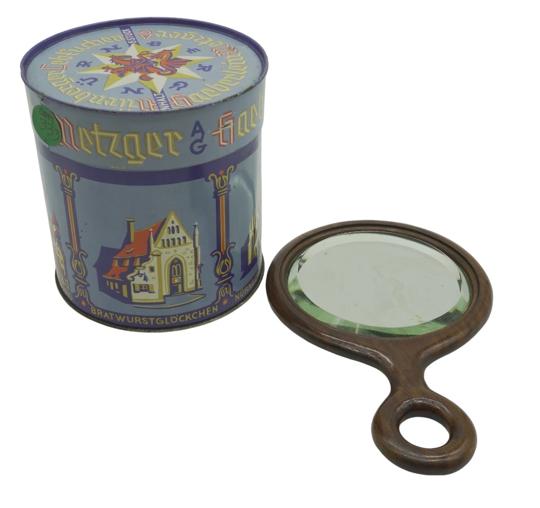 2 PC WWII COOKIE TIN & WOOD HAND MIRROR (1 of 4)