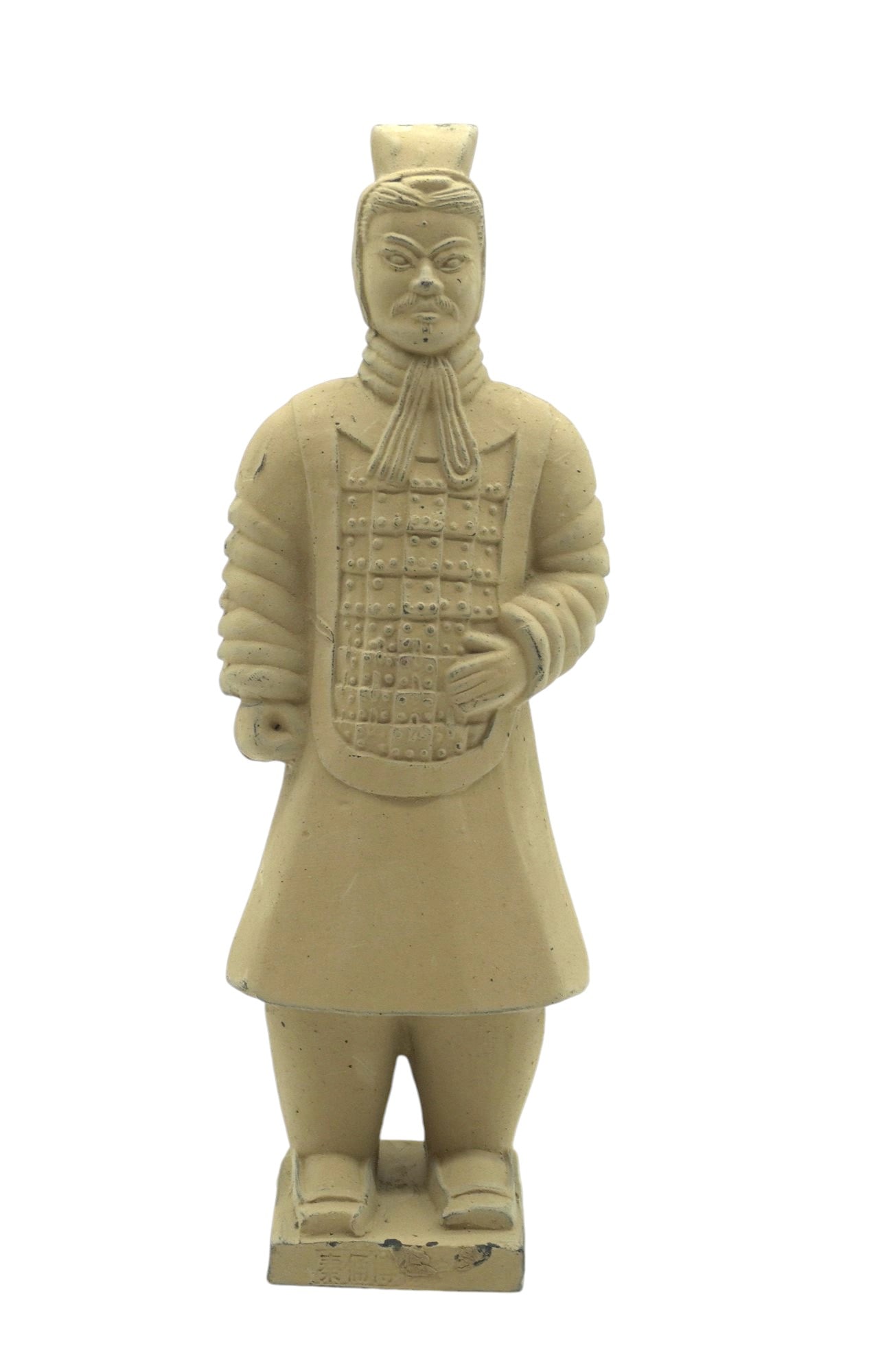 CHINESE TERRACOTTA TOMB WARRIOR FIGURINE: Chinese Terracotta Tomb Warrior Figurine. Markings on front. Measures 8.75" x 2.75" x 2.25", weighs 15.8 oz.