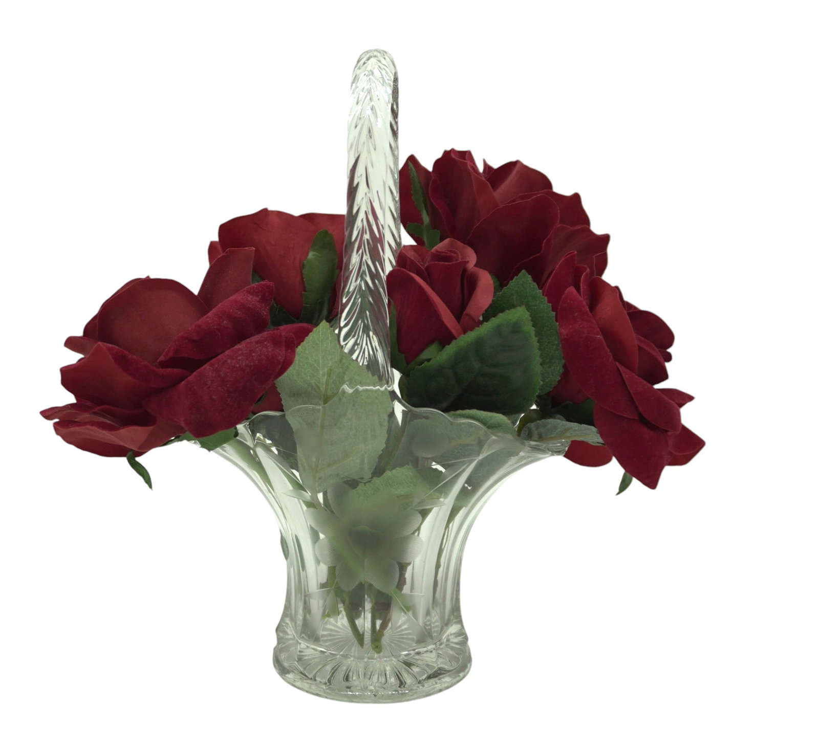 VINTAGE ETCHED GLASS BRIDES BASKET: Vintage Pressed and Etched Glass Brides Basket With a bouquet of velvet red roses 6"x4"x9.75". Weight on all 1 lb 8 oz