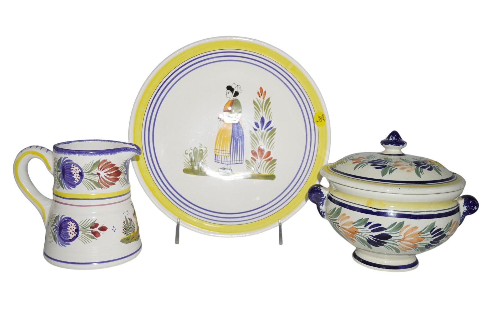 3 PC HENRIOT QUIMPER FAIENCE - FOOTED BOWL, PITCHER + (1 of 4)