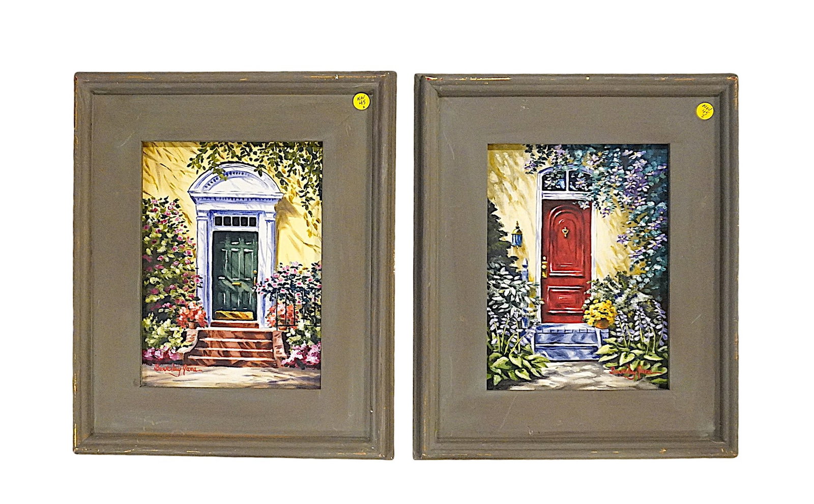 PAIR ORIGINAL OILS "SOUTHERN DOORWAYS" BEVERLY JANE: Two Original Oil Paintings on Canvas "Southern Doorways" by Beverly Jane Gallini of Richmond Virginia. Gallery framed. After moving to Richmond, VA in 1988, she began showing and selling her watercolo