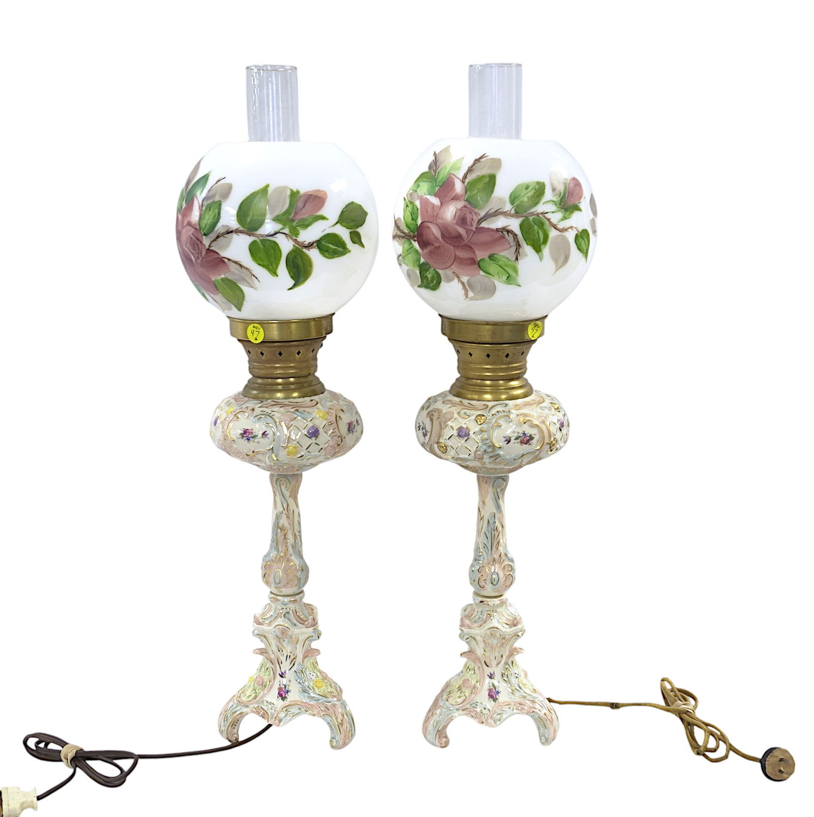PAIR DRESDEN ELECTRIFIED OIL LAMPS (1 of 4)
