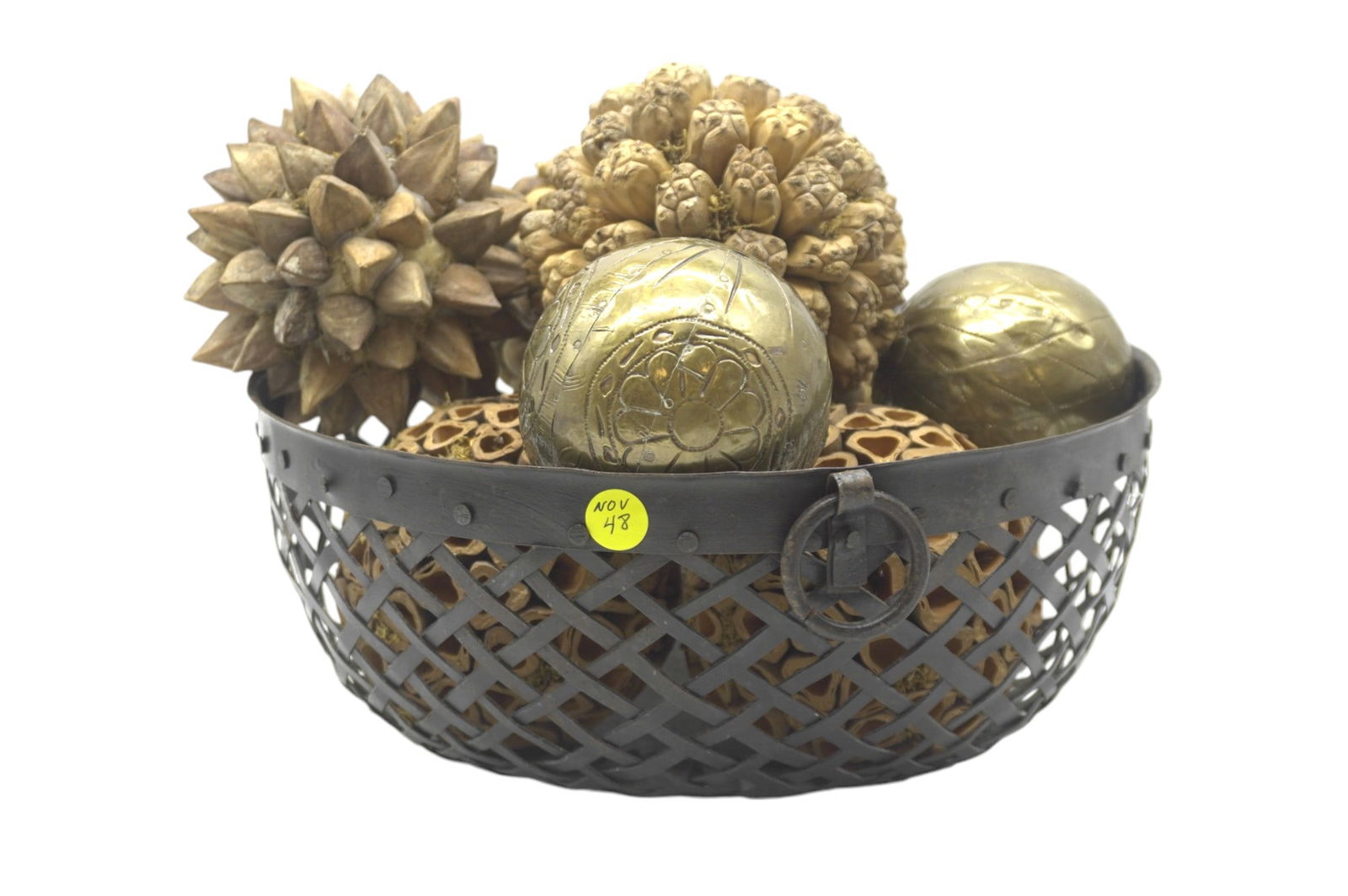 WOVEN IRON BASKET WITH DRIED POD & BRASS BALLS (1 of 3)