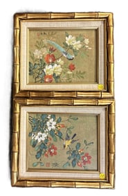PAIR OF VINTAGE CHINESE GOUACHE BIRDS & FLOWERS