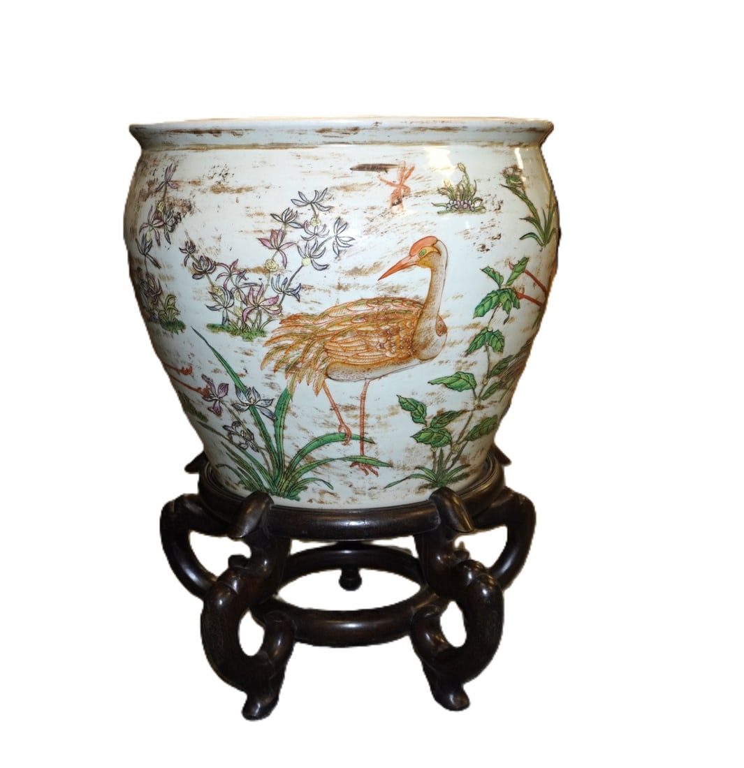 LARGE CHINESE FISH BOWL AND CARVED STAND (1 of 5)