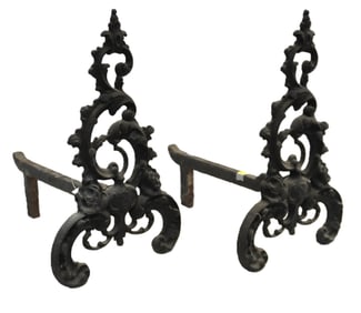 ANTIQUE PAIR AMERICAN ROCOCO CAST IRON ANDIRONS