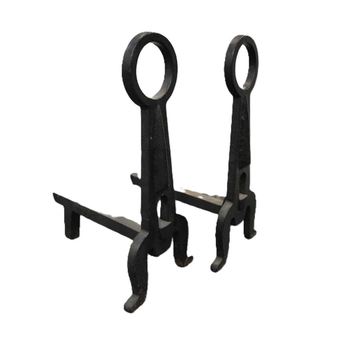 ANTIQUE AMERICAN ARTS & CRAFTS ANDIRONS: Antique American Cast Iron Arts & Crafts Era Andirons. Each 17"x9.5"x23". Weight combined 50 lbs.