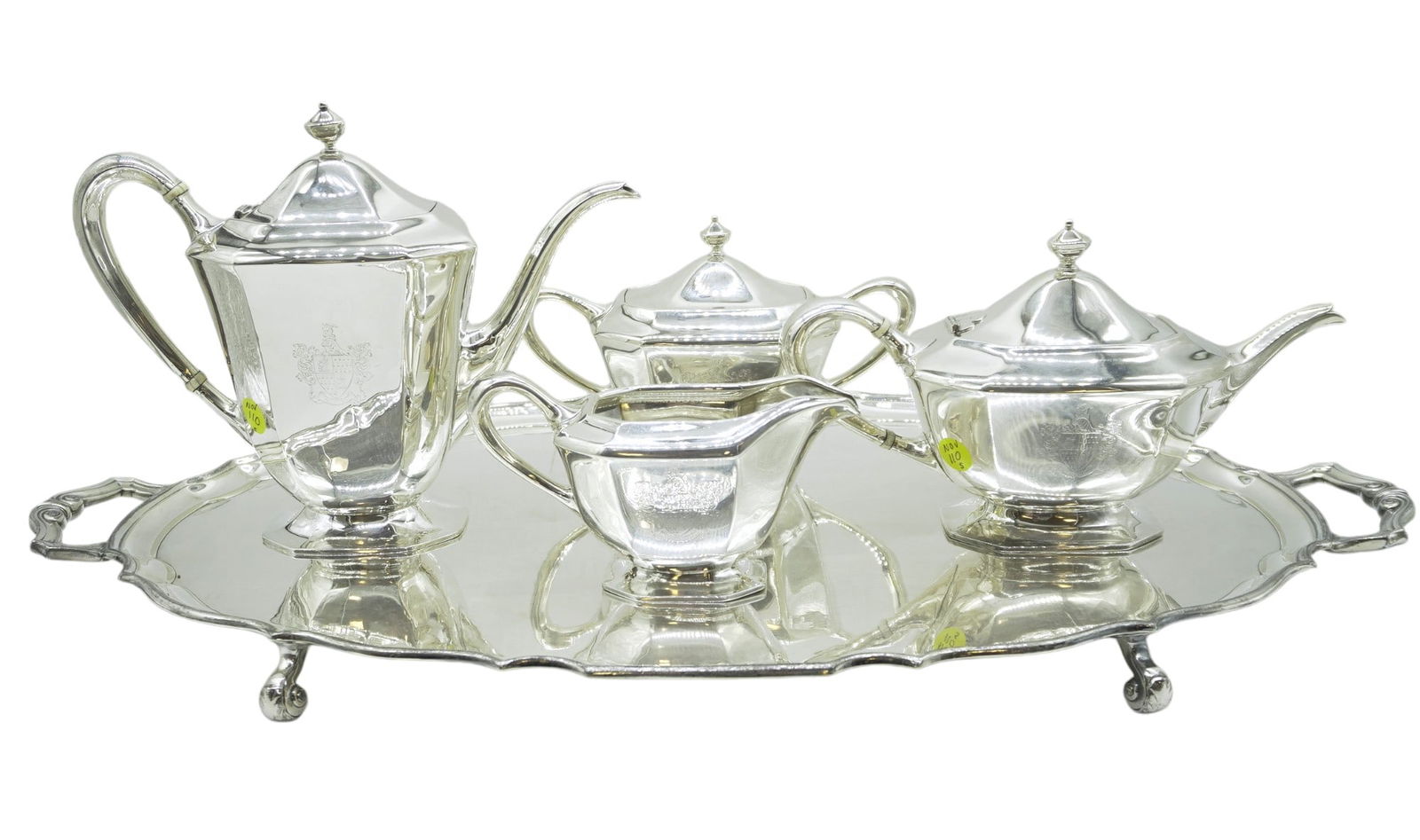 4 PC STERLING TEA SERVICE GRAFF, WASHBOURNE, DUNN W TRAY (1 of 8)
