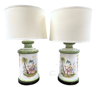 PAIR LARGE CONTINENTAL HAND PAINTED CHINOISERIE LAMPS