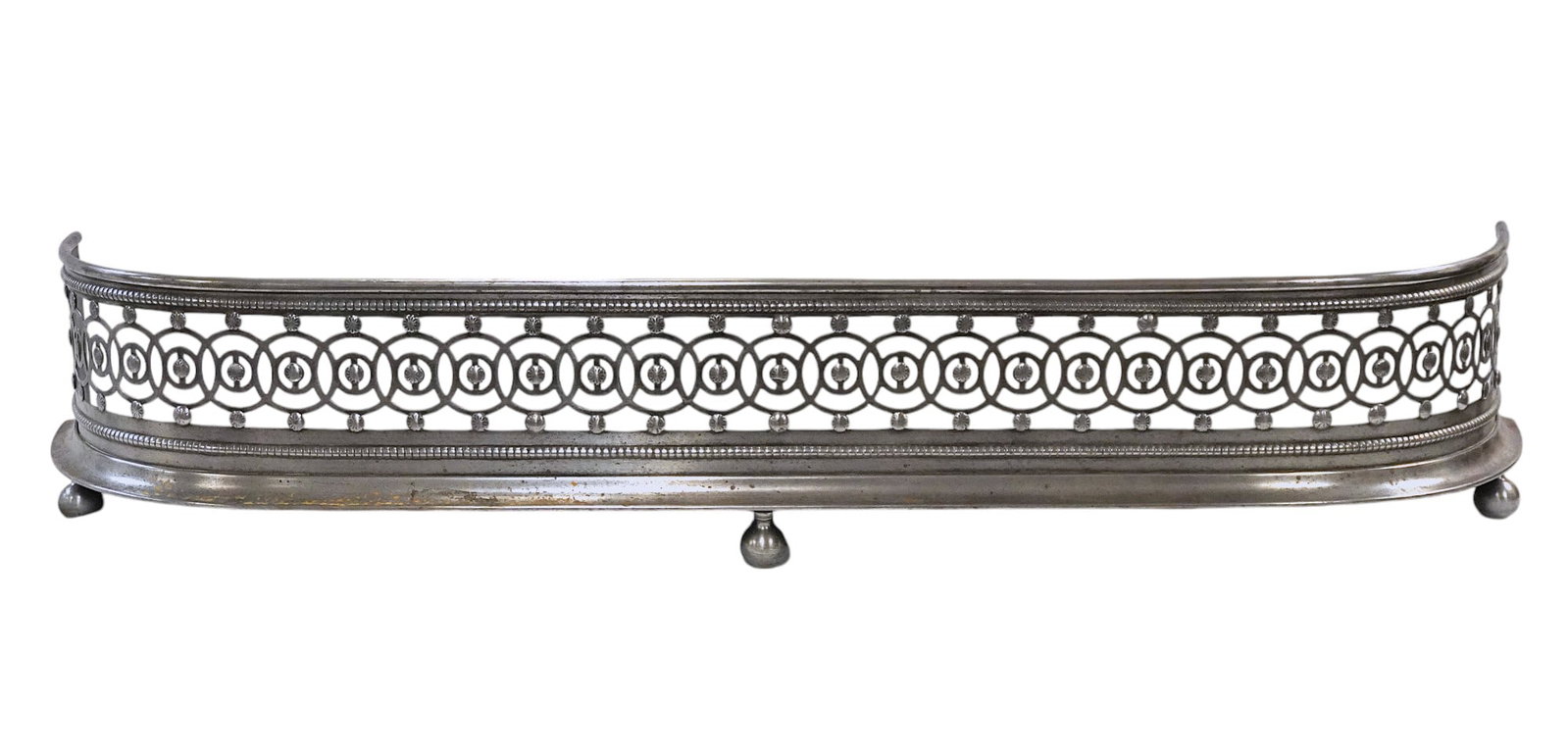 19TH C GEORGIAN POLISHED STEEL FENDER: Georgian 19th c. Polished Steel Fender with Guilloche pattern throughout. Measures 45"x9"x9". Weight 15 lbs