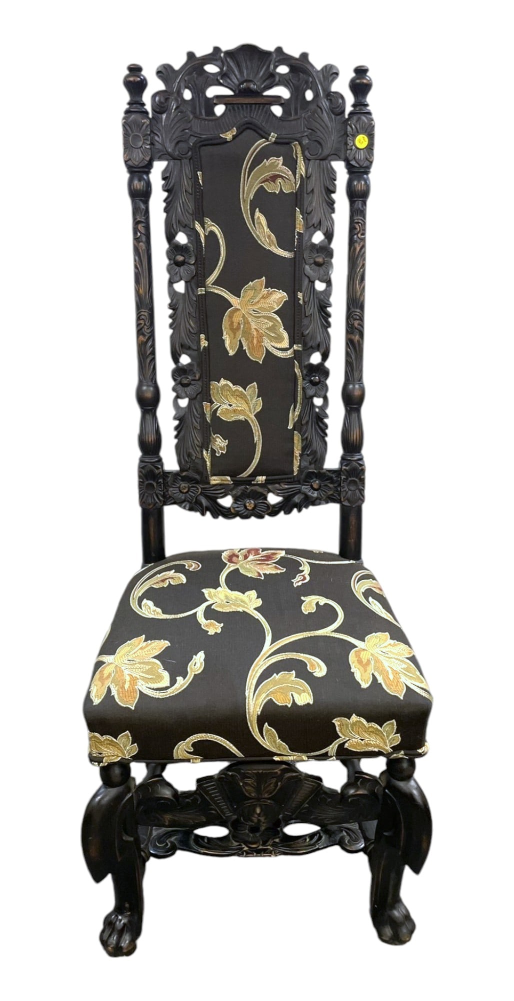 ANTIQUE ITALIAN HAND CARVED CHAIR: Antique Italian Hand Carved Chair with new upholstery. Ornate Foliage on Paw Feet. 49" H 18" W 17.5" Seat Depth