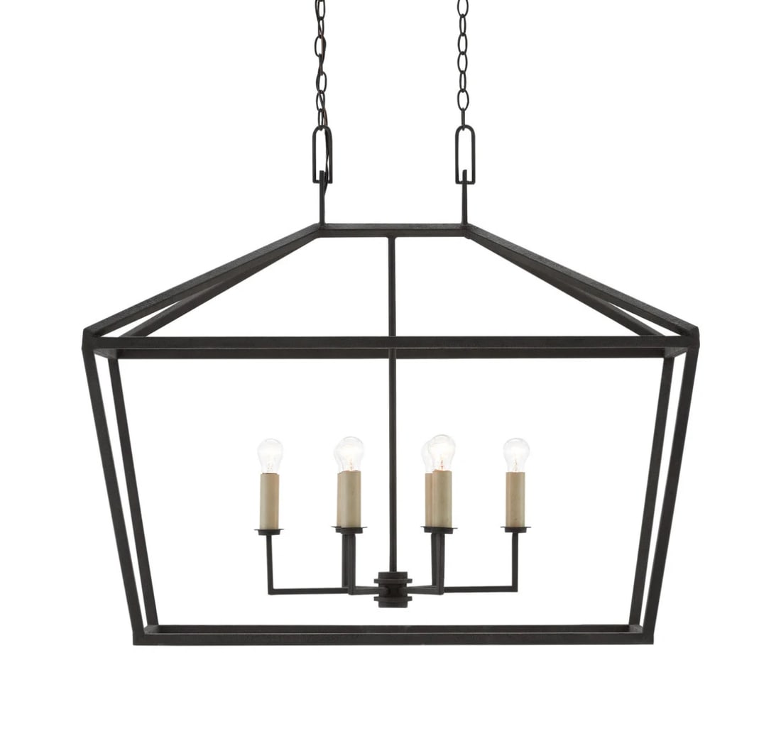 CURREY & COMPANY DENISON RECTANGULAR LANTERN: Currey & Company Denison Rectangular Lantern in the finish "Mole Black" Iron. The Denison Lantern is a chic and airy fixture inspired by hanging farmhouse lanterns. With its hammered wrought iron cons