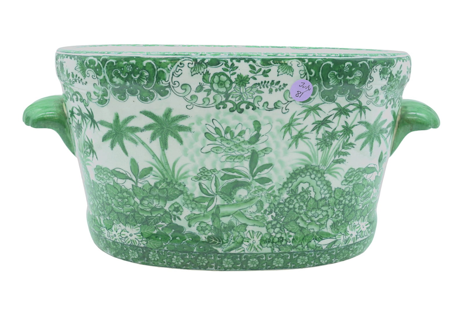 UNITED WILSON HAND PAINTED PORCELAIN CENTERPIECE JARDINIERE: Vintage Handpainted Porcelain United Wilson Centerpiece Jardinier. Green foliage and fauna with koi inside. Measures 16"x10.25"x8". United Wilson Porcelain Factory, Hong Kong, China. One of the last r