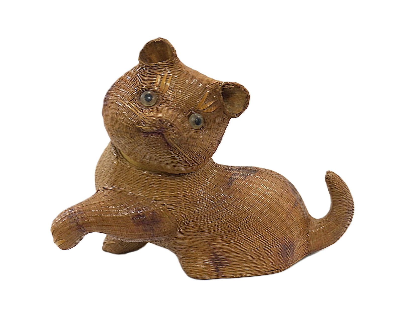 VINTAGE SHANGHAI HANDICRAFTS LACQUER WICKER BASKET CAT TEA CADDY (1 of 8)