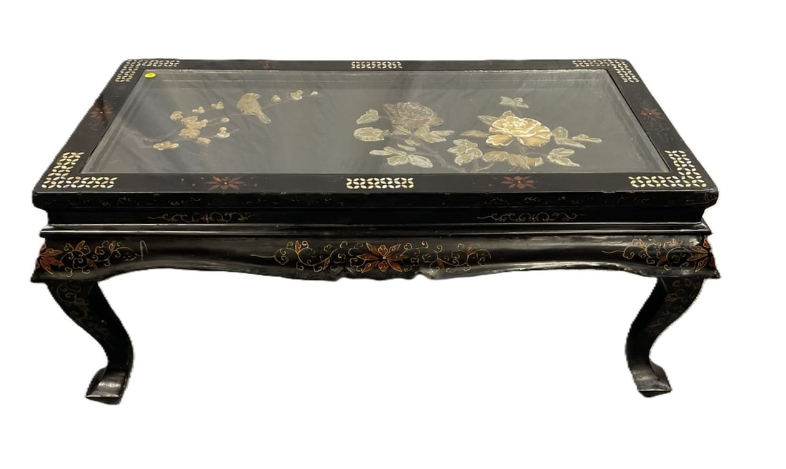 MID CENTURY INLAID CHINESE BLACK LACQUER COFFEE TABLE (1 of 7)
