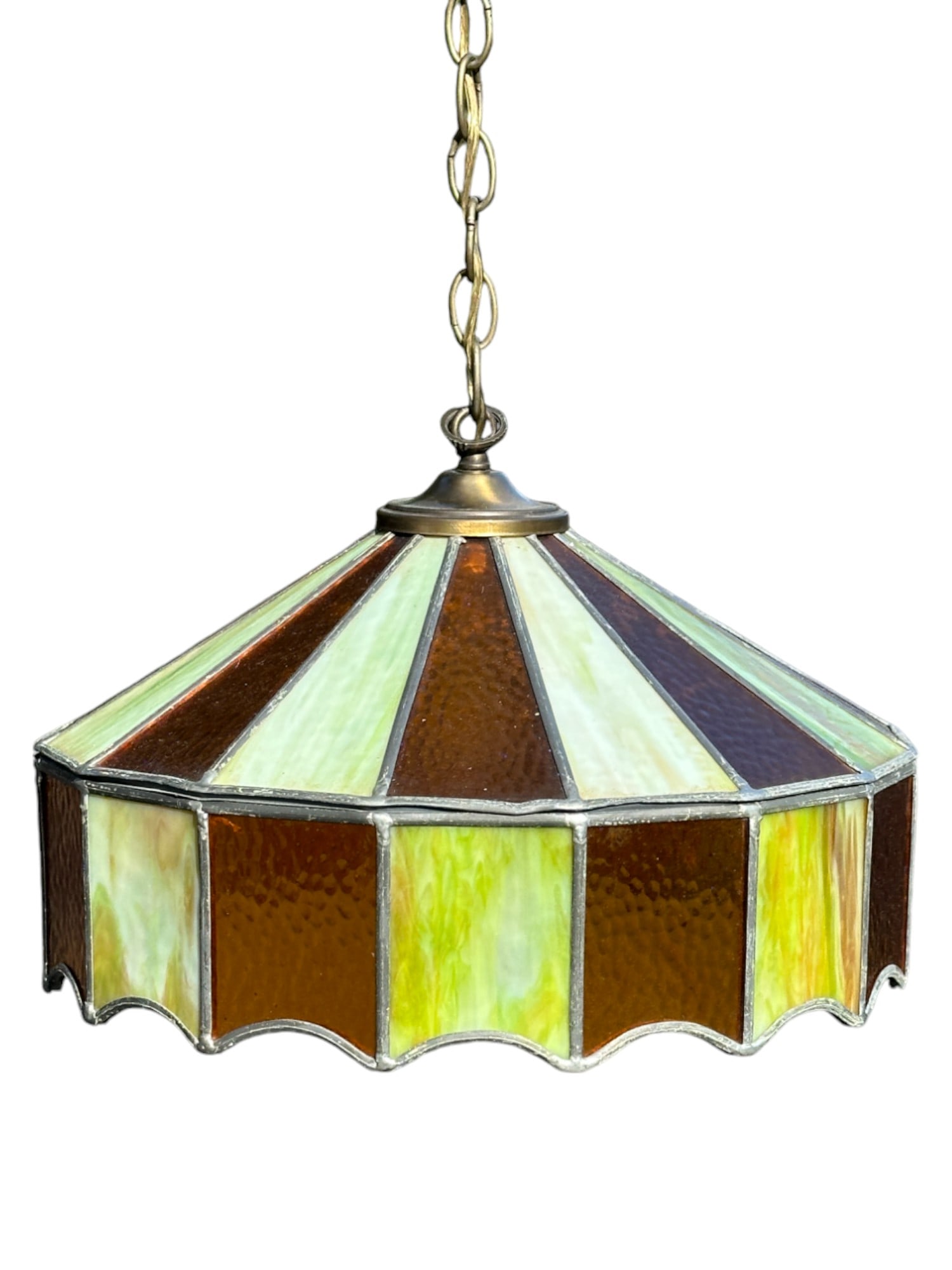 MCM LEADED SLAG GLASS SWAG LAMP: MCM Leaded Slag Glass Hanging Swag Lamp. Measures 16"x16"x7". Chain and Cap 16". Weight 12 lbs