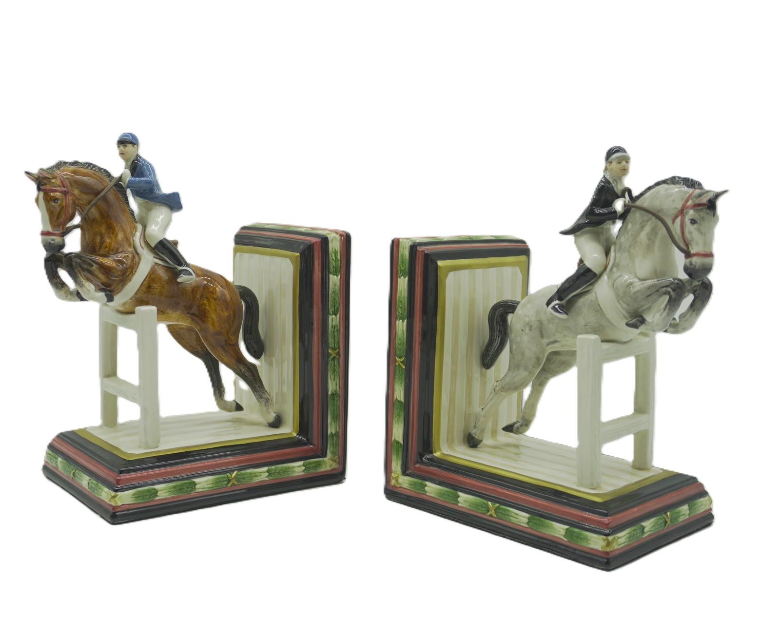 FITZ AND FLOYD EQUESTRIAN MOTIF CERAMIC BOOKENDS: Fitz and Floyd Equestrian Motif Ceramic Bookends with Original Makers Stickers on Bottom. Each measures about 6.0" W x 6.0" H x 4.5" D, total lot weight is 3 lbs 2 oz.