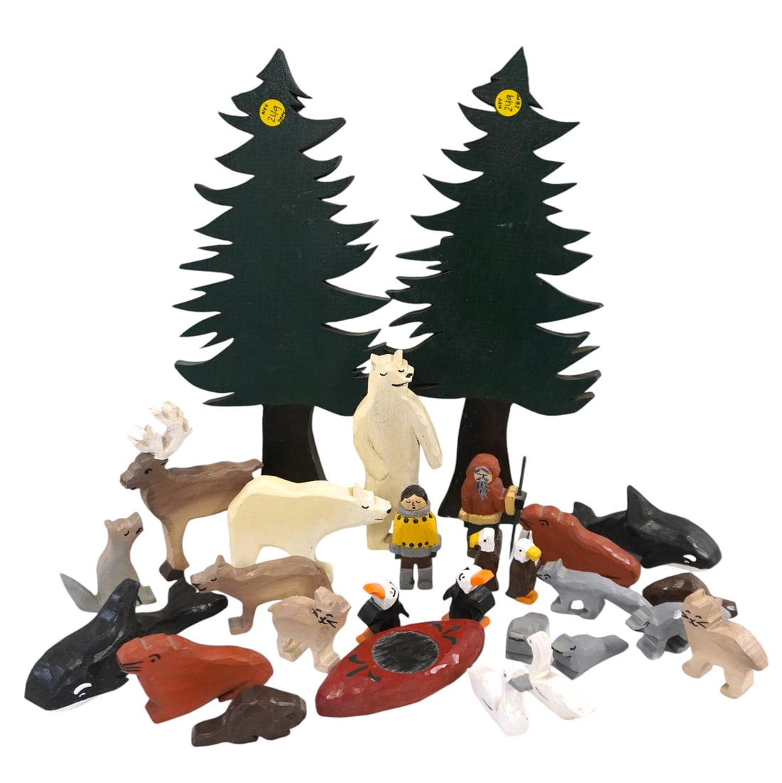 HAND CARVED WOODEN NATIVE PLAYSET: Hand Carved Wooden Play Set featuring trees, animals, and hunter/fisherman. Total lot weight is 2 lbs 4 oz.