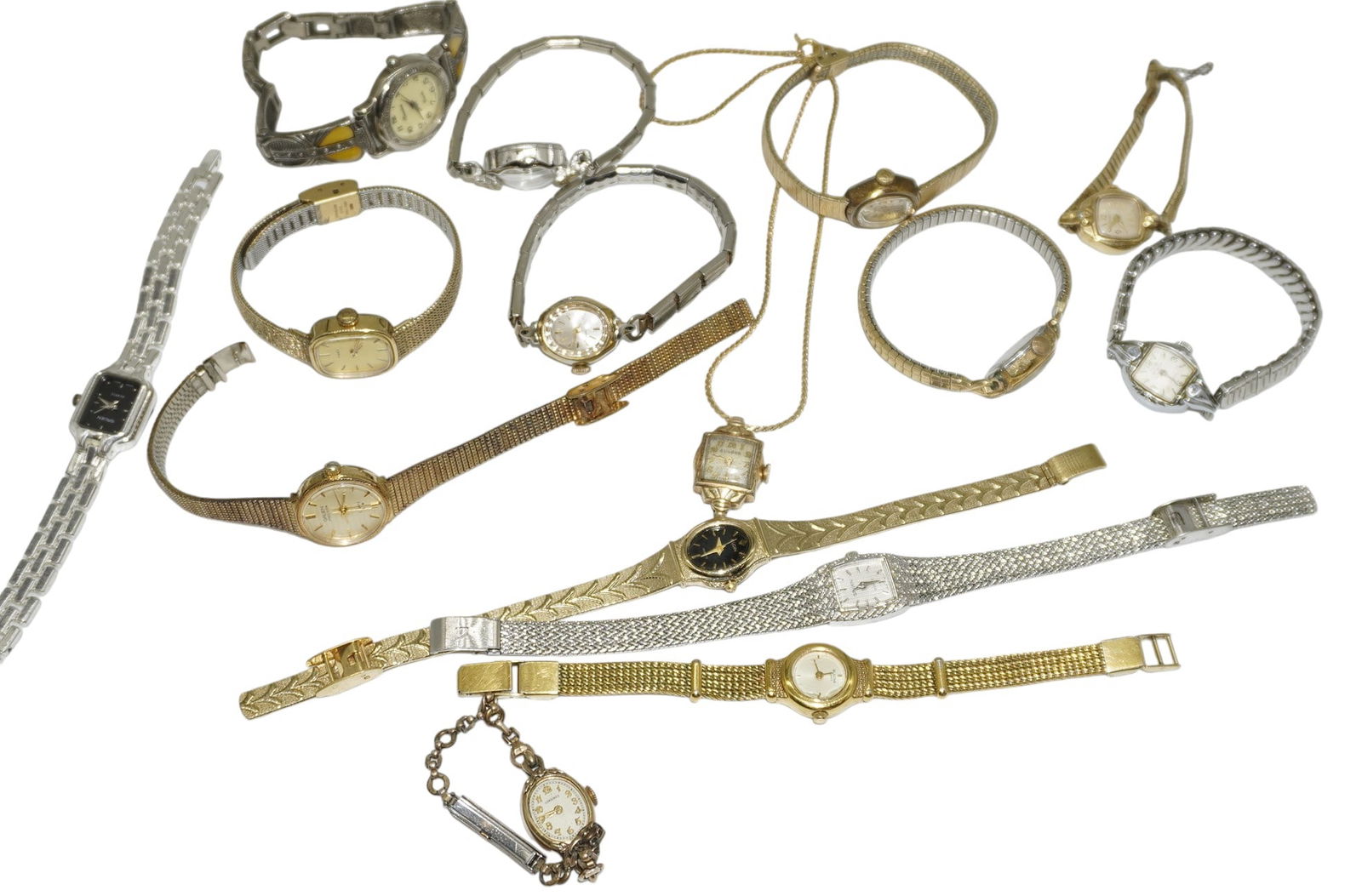 15 VINTAGE LADIES WATCHES GRUEN - ELGIN - WALTHAM: All are Vintage, untested. Gruen, Waltham, Elgin, Timex, Bulova, Vulcain, Ronica, Longine, All are untested and some will simply need new batteries.1 Longine missing glass. Provenance: A well known Ch