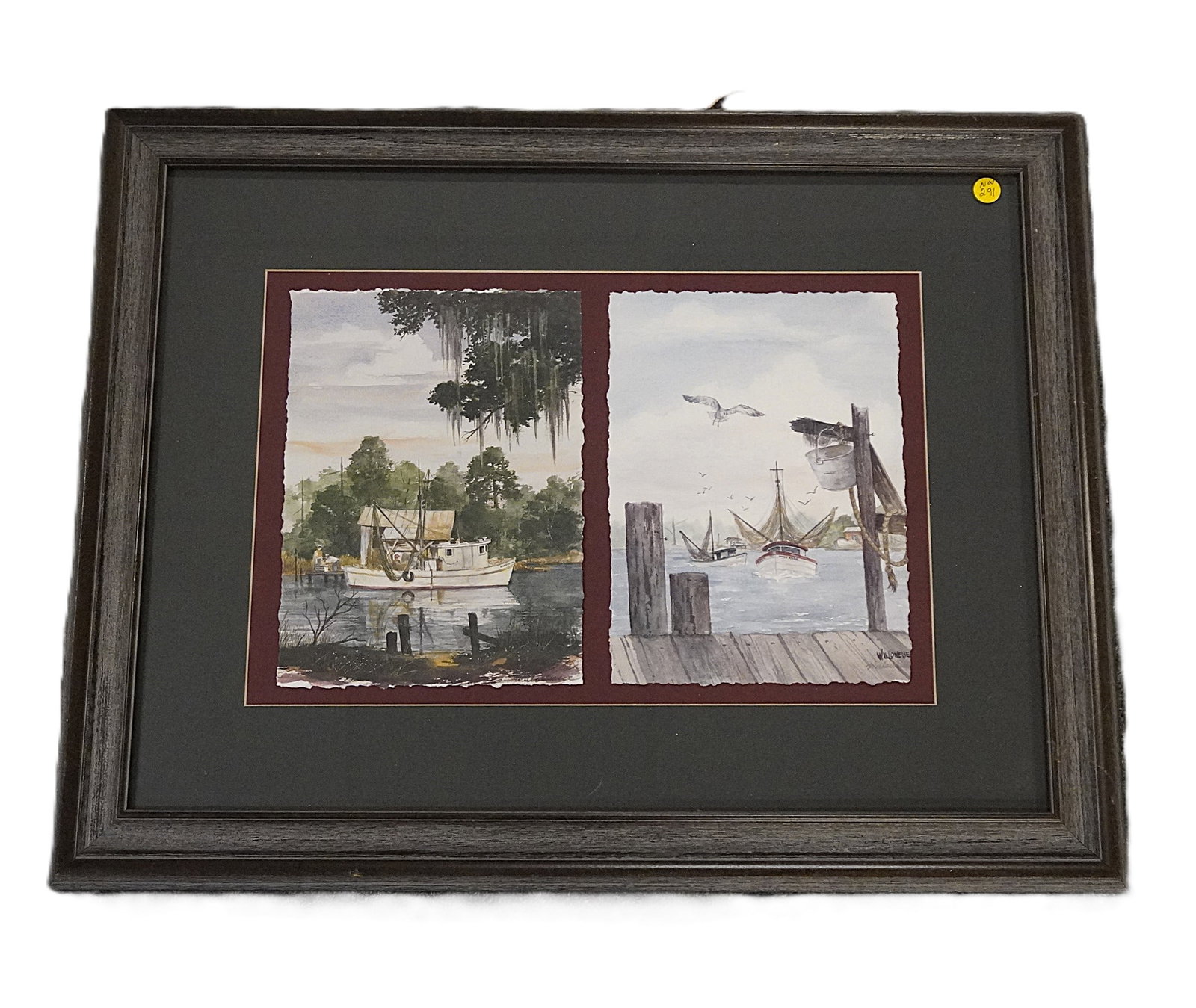 WILLOWEISE LANGHAM SHRIMP BOATS DOUBLE PRINT: Willoweise Langham Double Shrimp Boats Prints. Professionally framed. Willoweise Langham is Southern by nature as well as heritage. Born in Mobile, Alabama, this soft-spoken artist has chosen subjects